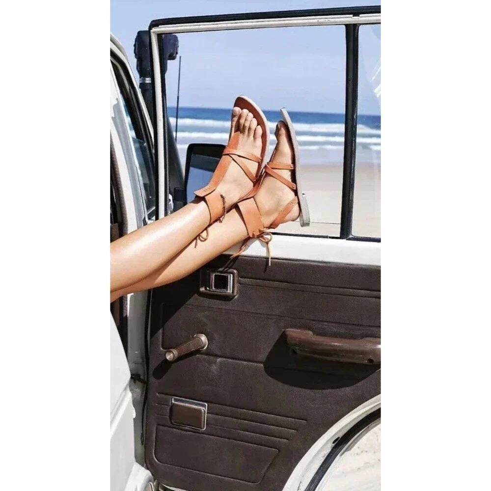 FREE PEOPLE - Vacation Day Wrap Gladiator Leather Sandals Vacetta Brown Sz 7.5